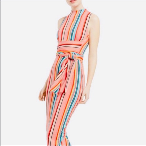 Alice and Olivia Sports Muiltistripes Delora Tie Waist Mock Neck Jersey Midi - Picture 2 of 15